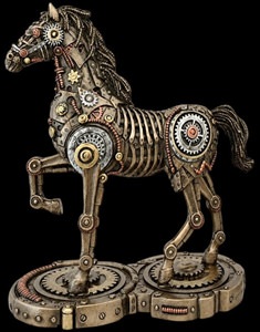 Detaljeret steampunk-hest i bronze med tandhjul og kobberelementer på tandhjulsbase
